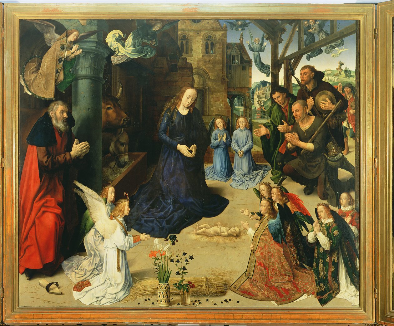 Dzieciątko Chrystus adorowane przez anioły, centralny panel Ołtarza Portinari, ok. 1479 r. autorstwa Hugo van der Goes