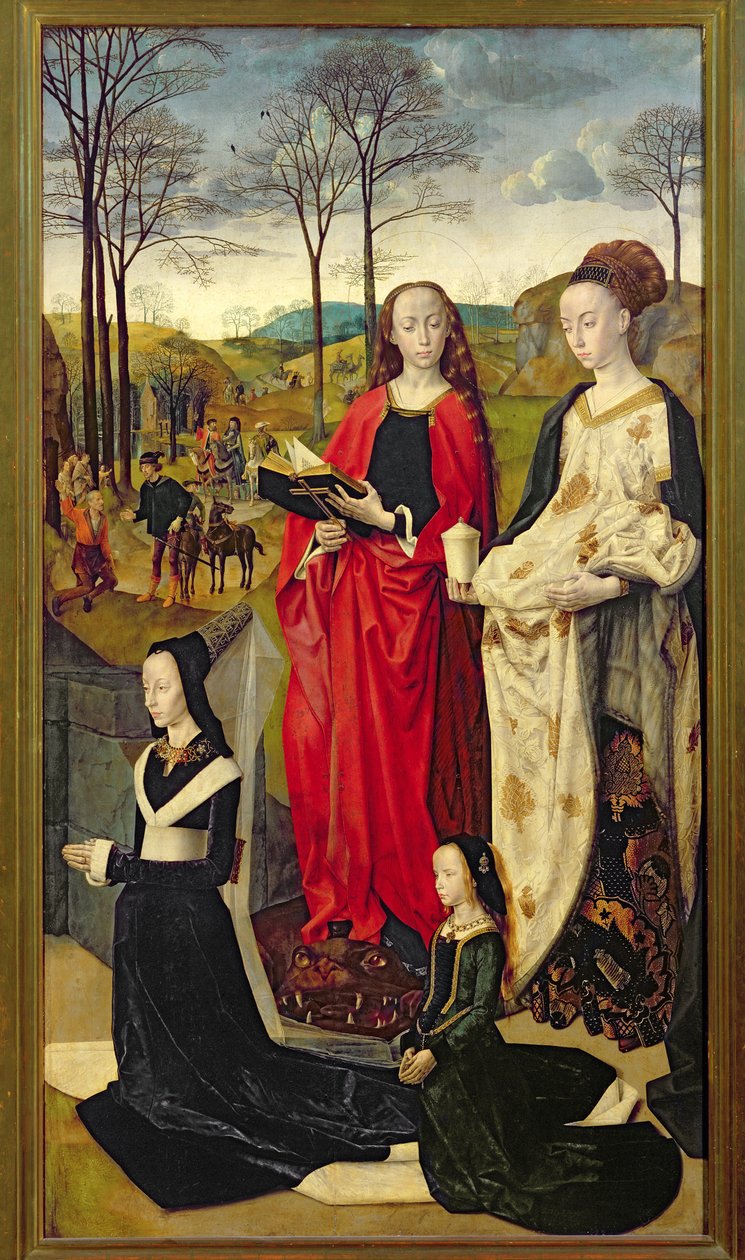 Ołtarz Portinari, św. Maria Magdalena i św. Małgorzata z Marią Baroncelli i córką Margheritą Portinari, prawe skrzydło, ok. 1479 autorstwa Hugo van der Goes