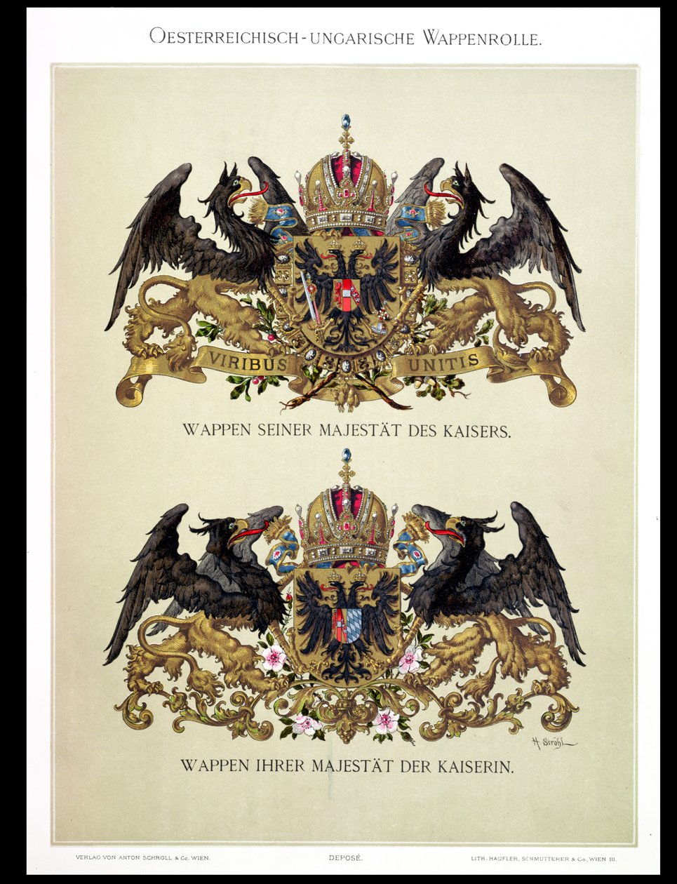 Talerz z herbami cesarza Franciszka Józefa I (1830-1916) i cesarzowej Elżbiety Bawarskiej (1837-98) z „Atlasu Heraldischer” artysty, 1899 autorstwa Hugo Gerard Strohl