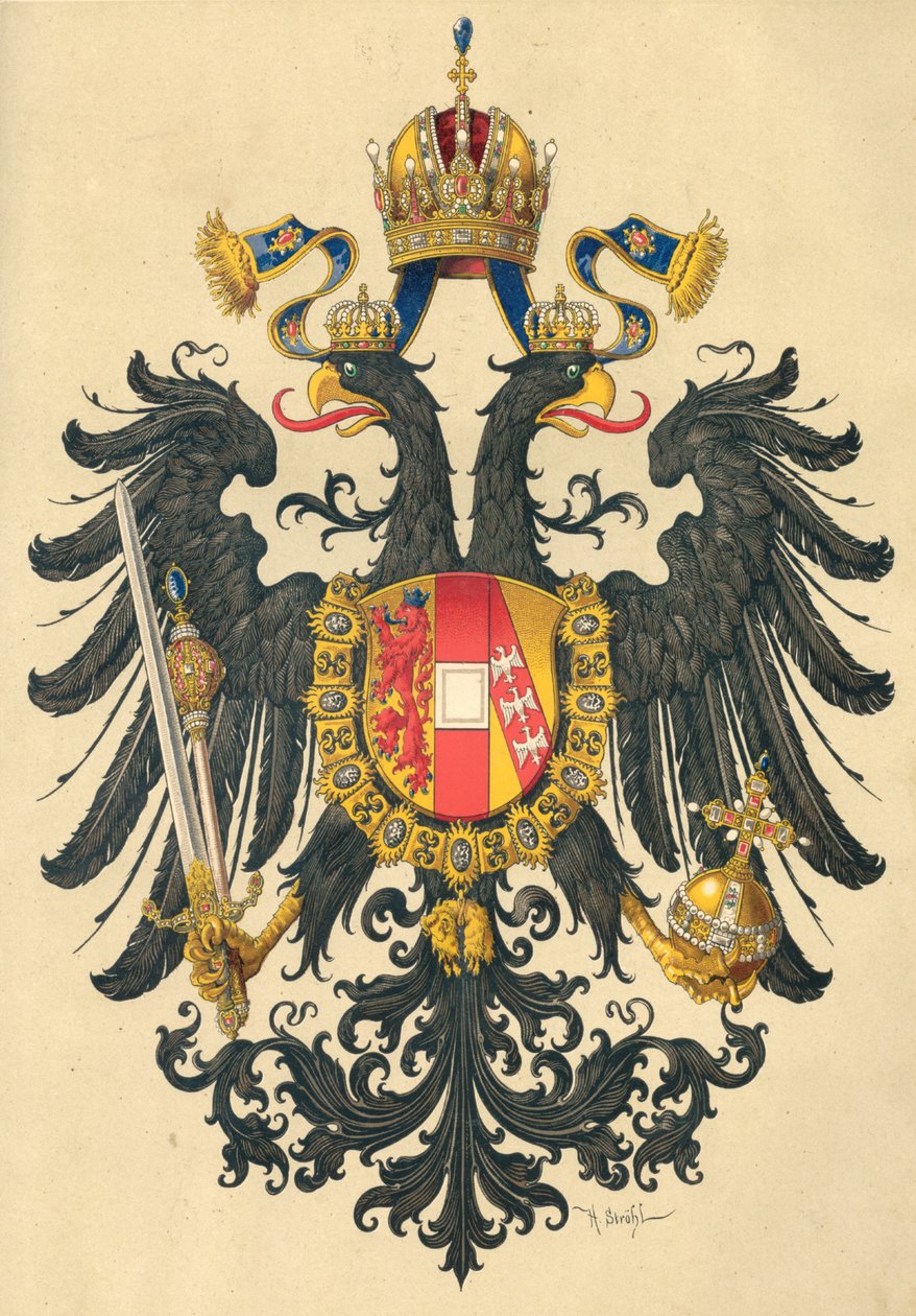 Mały herb Cesarstwa Austrii, 1890 r. autorstwa Hugo Gerard Strohl