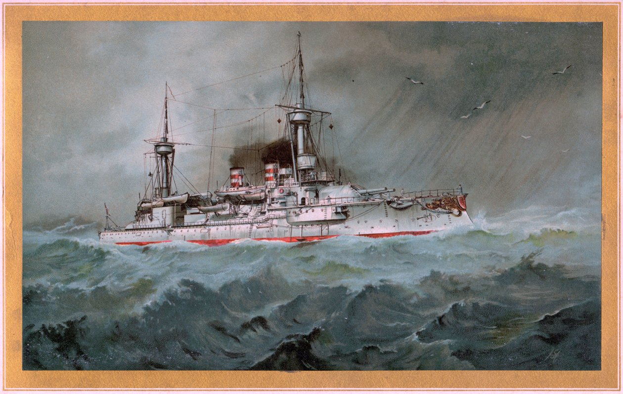 SMS Linienschiff Brandenburg (herb czerwony orzeł na białej tarczy, S.M.S. Wörth = czarny orzeł cesarski na złotej tarczy) autorstwa Hugo Graf