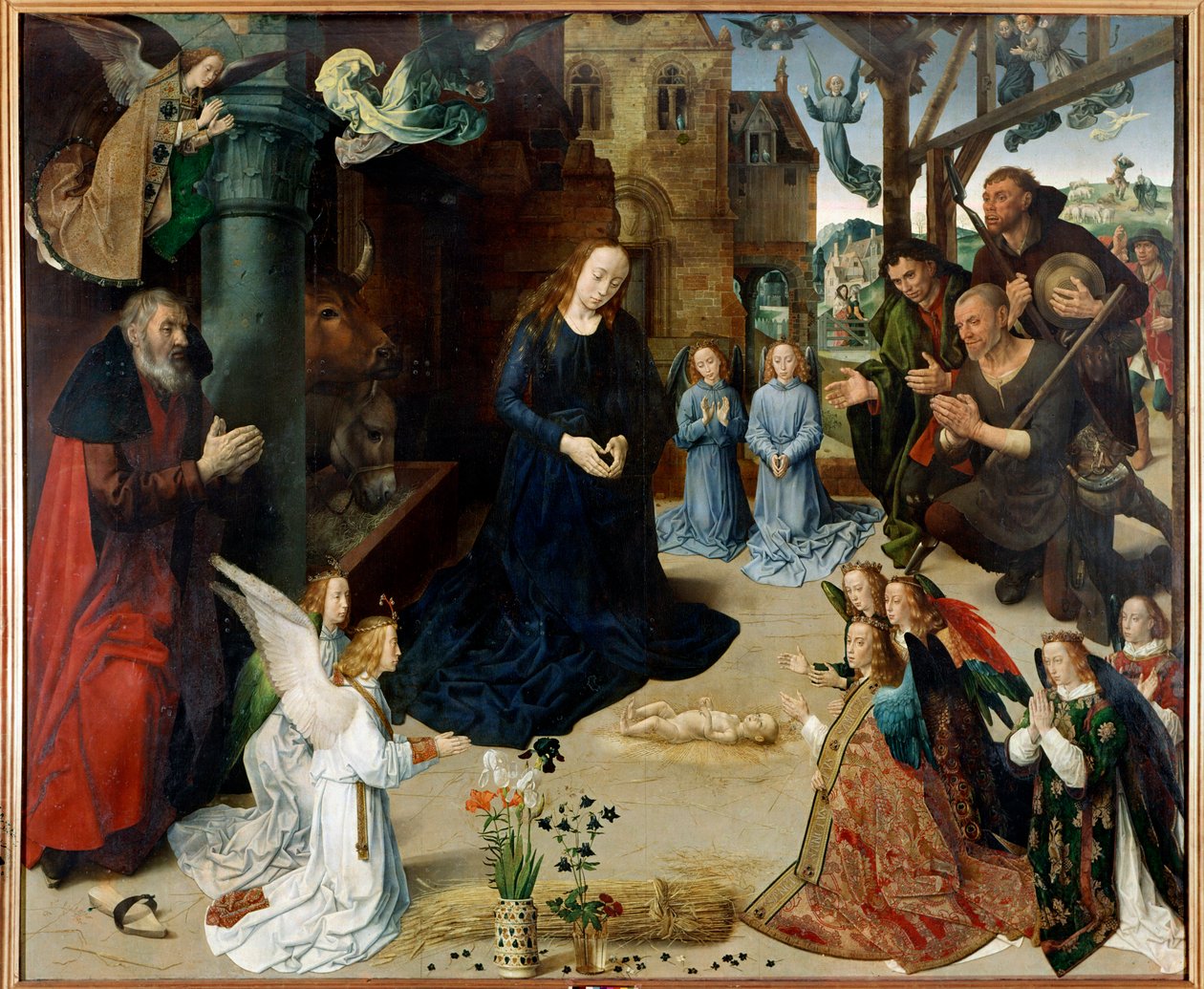 Adoracja pasterzy (Panel centralny Trypsyna z Portinari”). Obraz Hugo van der Goes (1440-1482). 1475 ok. H/B. 253x304 cm. galleria degli Uffizi (Biura), Florencja - Adoracja pasterzy (panel centralny Portinari Triptyc autorstwa Hugo van der Goes