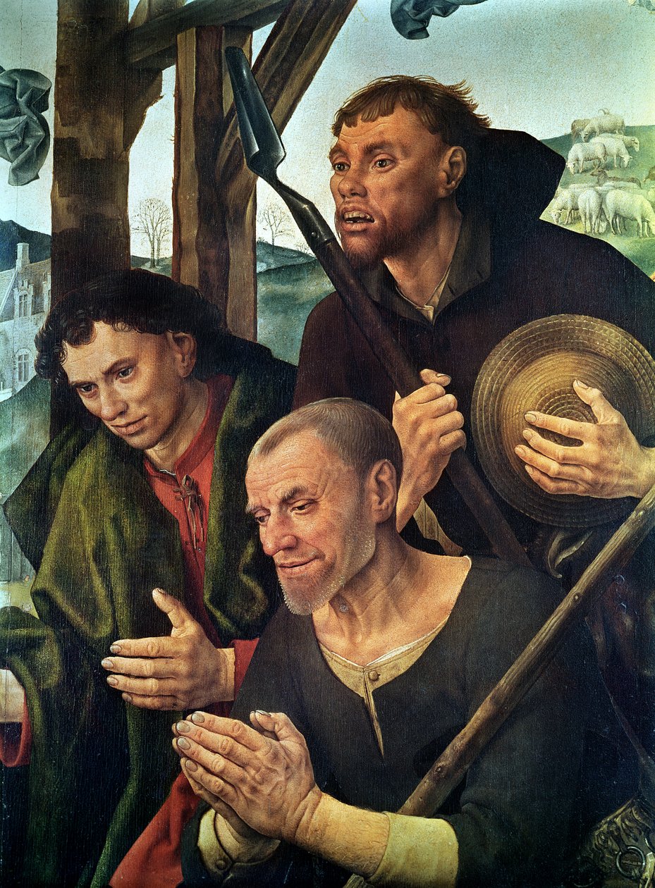 Głowa pasterzy, fragment z centralnego panelu Ołtarza Portinari, ok. 1479 (detal z 9619) autorstwa Hugo van der Goes