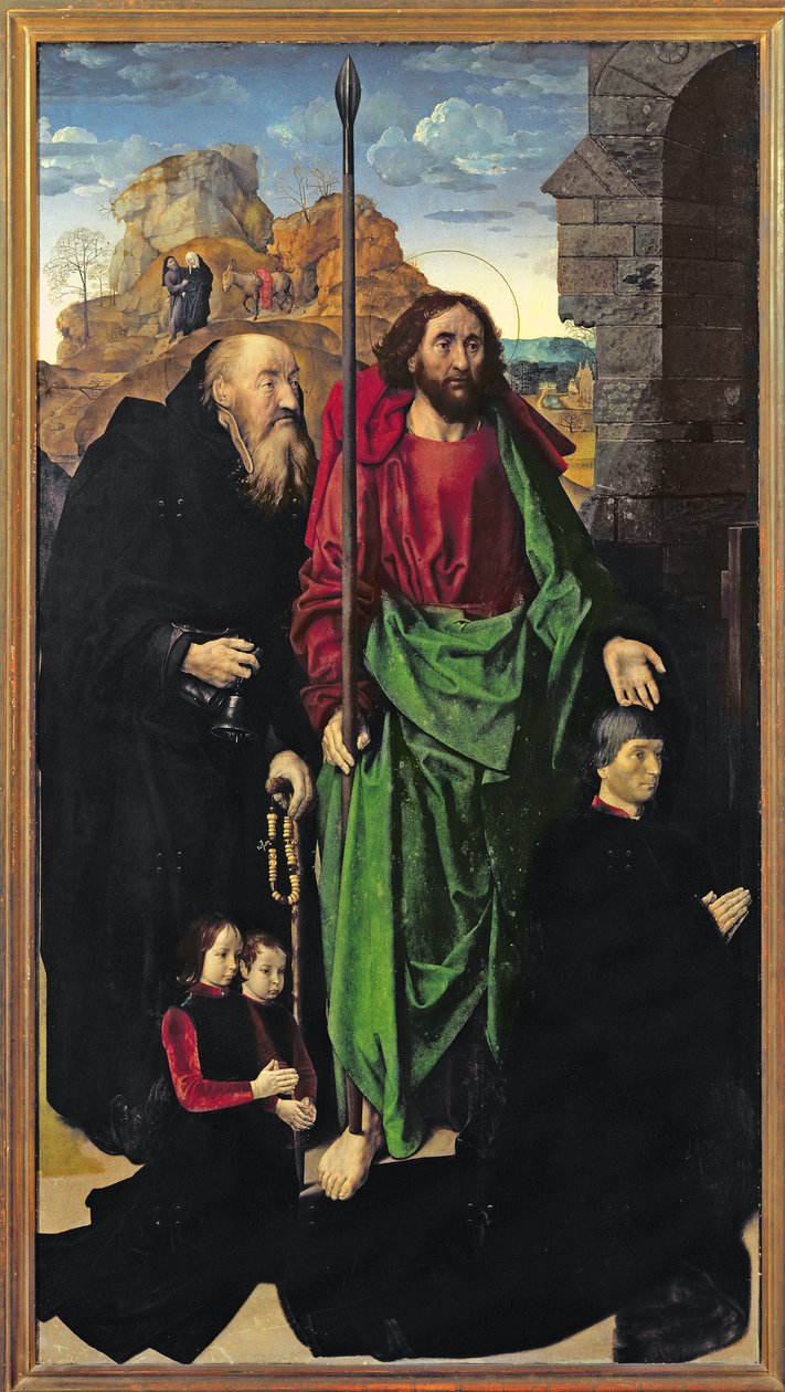 Ołtarz Portinari, św. Tomasza i św. Antoniego Pustelnika z Tommaso Portinari i dwoma synami Antonio i Pigello, lewe skrzydło, ok. 1479 autorstwa Hugo van der Goes