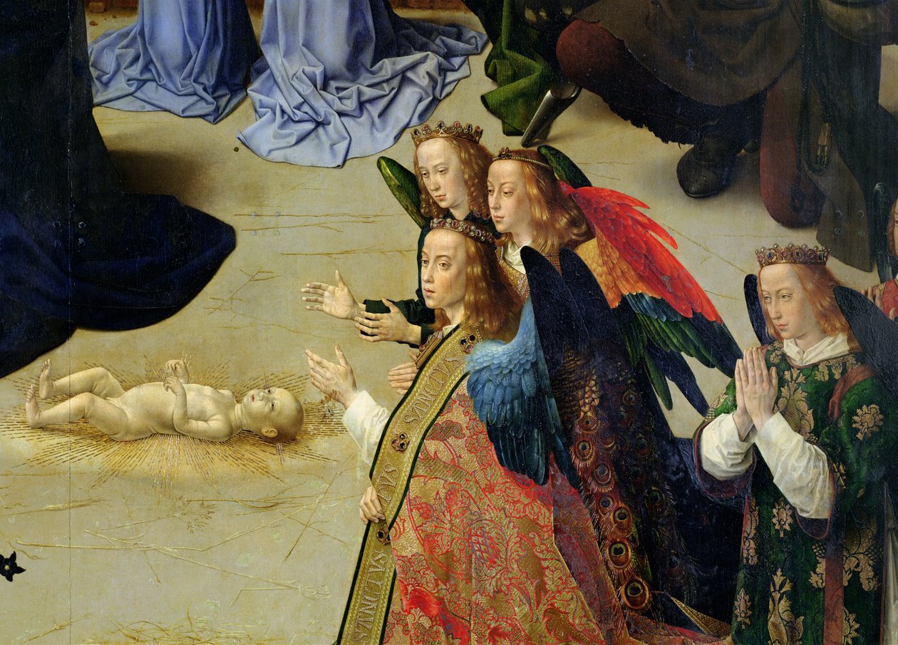 Ołtarz Portinari, detal czterech aniołów i niemowlęcia, ok. 1475 olej na detalu panelu z 9619 autorstwa Hugo van der Goes