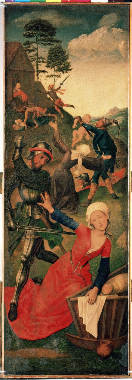 Tryptyk Adoracji Trzech Króli: „Masakra niewinnych” Prawy panel. Obraz na drewnie Hugo van der Goes (1435-1482) XV wiek Wymiary 96,3x109,2 cm Ermitaż, Sankt Petersburg autorstwa Hugo van der Goes