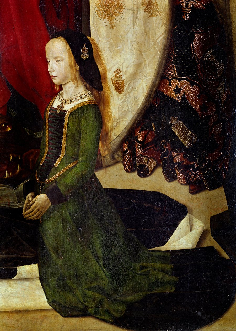 Tryptyk z Portinari Szczegół przedstawiający modlącą się młodą dziewczynę. Obraz Hugo van der Goesa (1440-1482). ok. 1475 H/B. 253x304 cm. galleria degli Uffizi (Biura), Florencja. autorstwa Hugo van der Goes