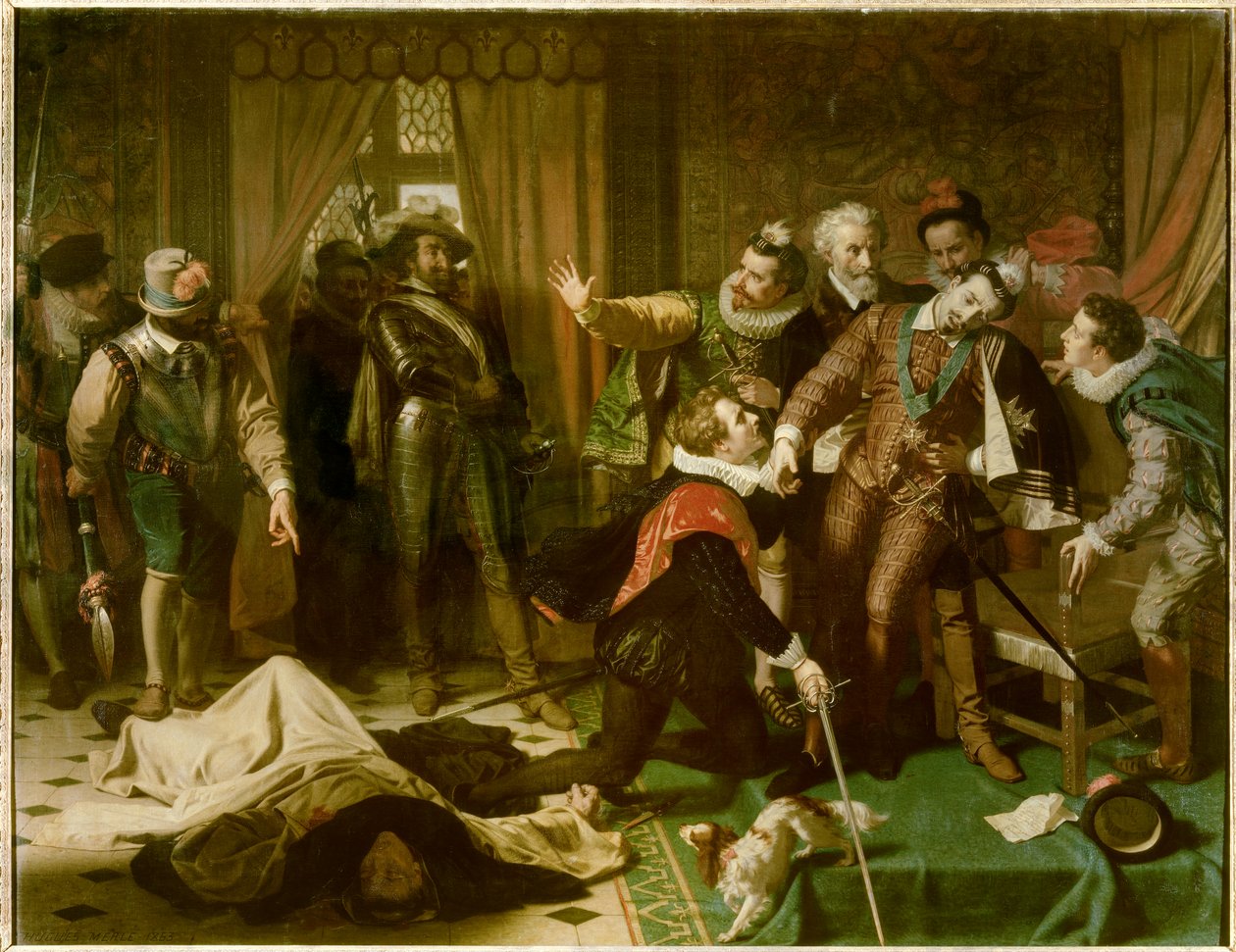 Zabójstwo Henryka III (1551-1589) przez Jacques Clement (1567-1589), dominikańskiego zwolennika religijnego Ligi Katolickiej, 1 sierpnia autorstwa Hugues Merle