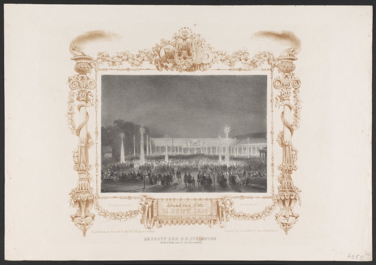 Wieczór dla studentów, 1836 Partia H.H. Studenci w ogrodzie C. van Leeuwen / Wieczór 14 czerwca 1836 (tytuł na obiekcie) Tablice z okazji stulecia Hogeschool Utrechtsche, 1836 (tytuł serii) autorstwa Huib van Hove Bz