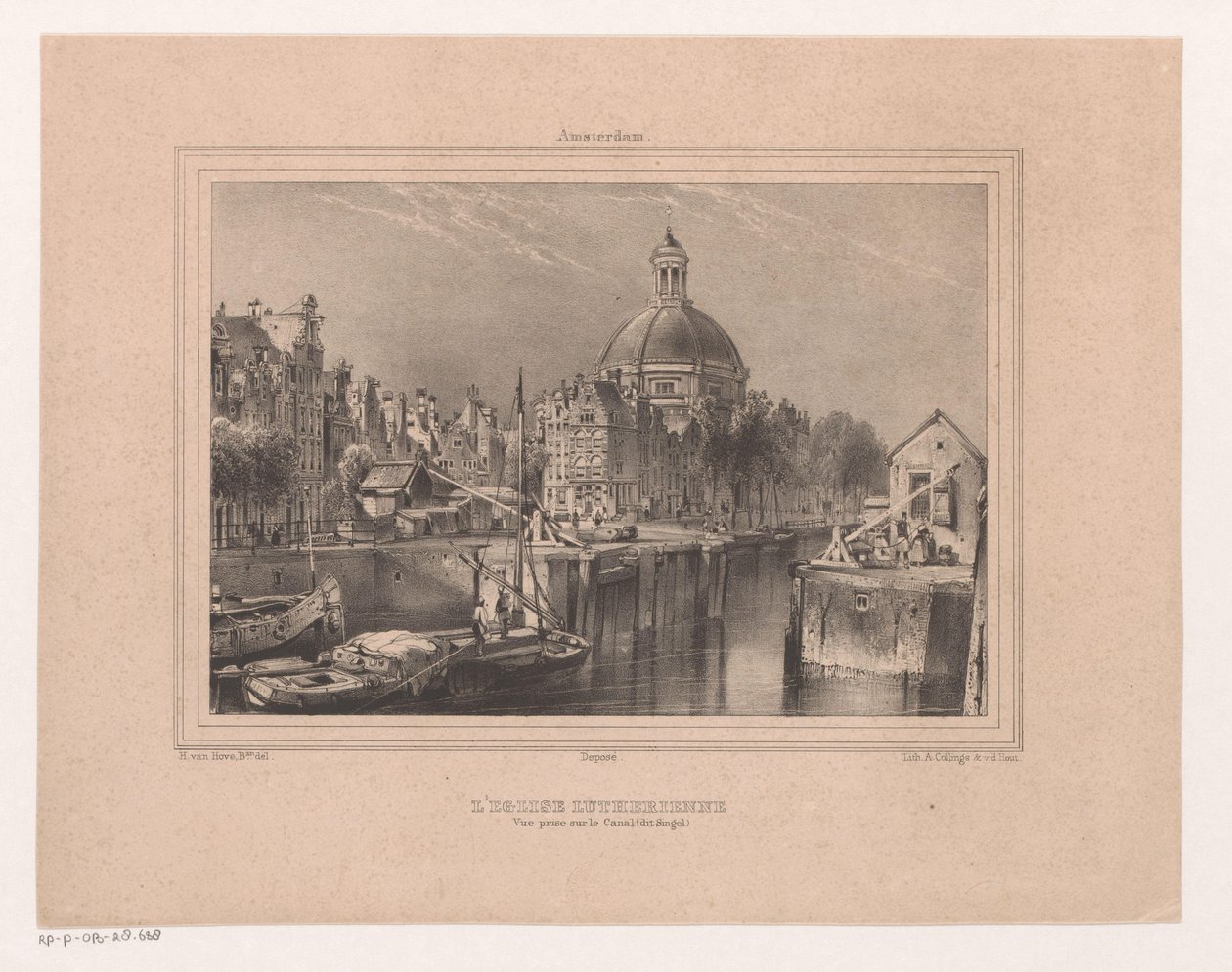 Gezicht op de Stromarkt, het Singel en de Lutherse kerk Kościół luterański. Widok wykonany na kanale (znany jako Singel) (tytuł na obiekcie) Pamiątka z Amsterdamu Osiem widoków narysowanych i litografowanych z natury przez H. van Hove Bz. (tytuł serii) autorstwa Huib van Hove Bz