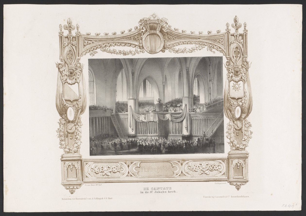 Procesja z prasą drukarską, 1836 Kantata w kościele św. Jakuba / 17 czerwca 1836 (tytuł na obiekcie) Tablice z okazji stulecia Hogeschool Utrechtsche, 1836 (tytuł serii) autorstwa Huib van Hove Bz