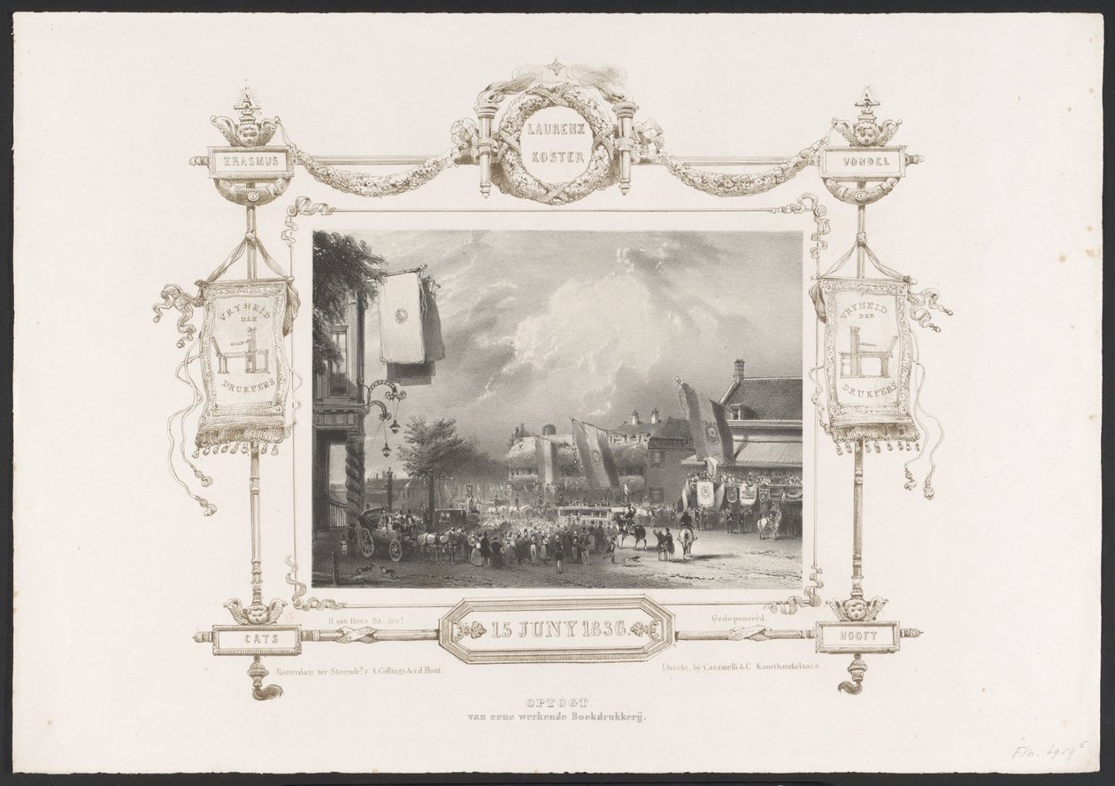 Procesja z prasą drukarską, 1836 Optogt van eene working Drukkerij / 15 czerwca 1836 (tytuł na obiekcie) Tablice z okazji stulecia Hogeschool Utrechtsche, 1836 (tytuł serii) autorstwa Huib van Hove Bz