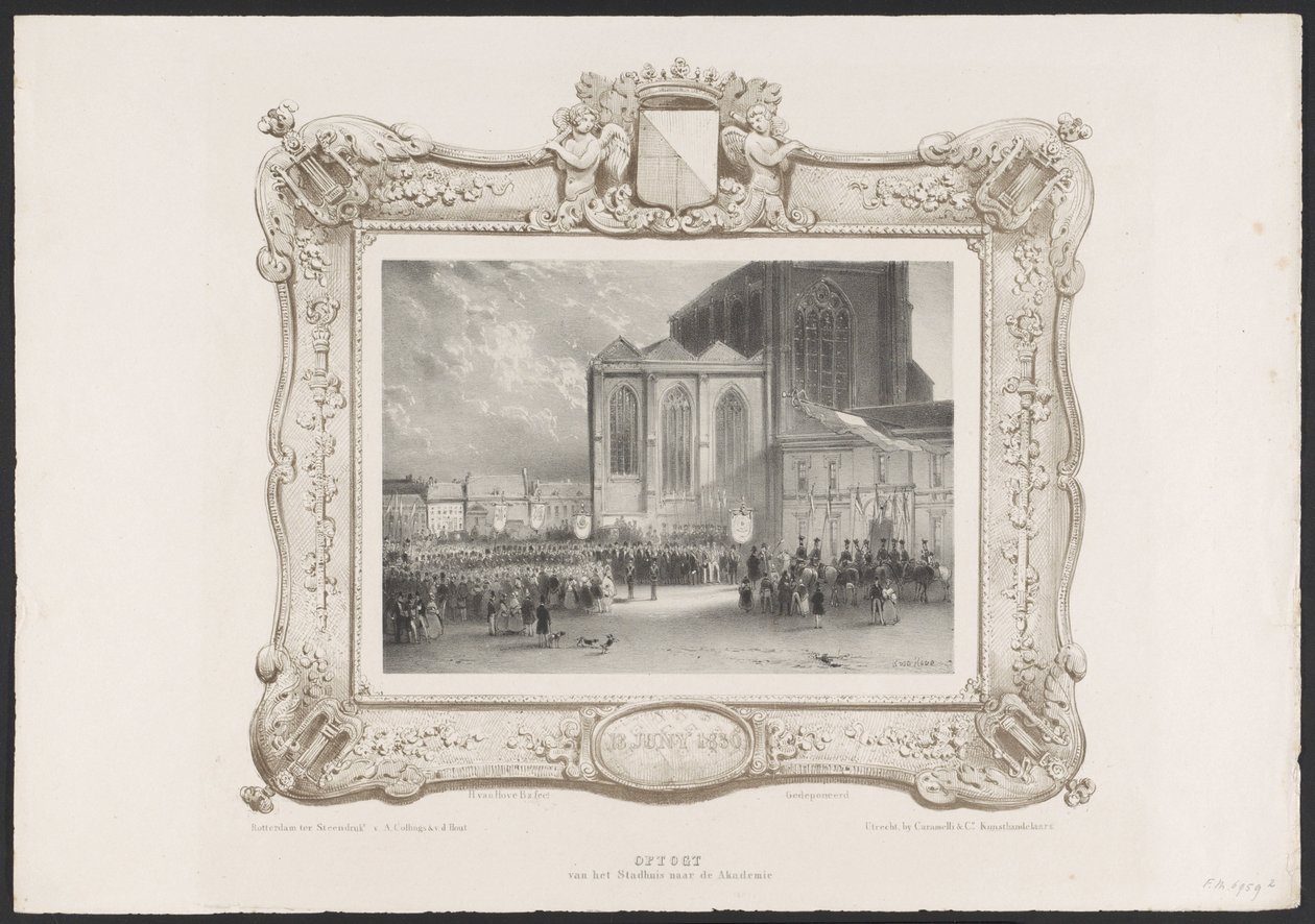 Procesja z ratusza do gmachu Akademii, 1836 Wniebowstąpienie z Ratusza do Akademii (tytuł na obiekcie) Tablice z okazji stulecia Hogeschool Utrechtsche, 1836 (tytuł serii) autorstwa Huib van Hove Bz