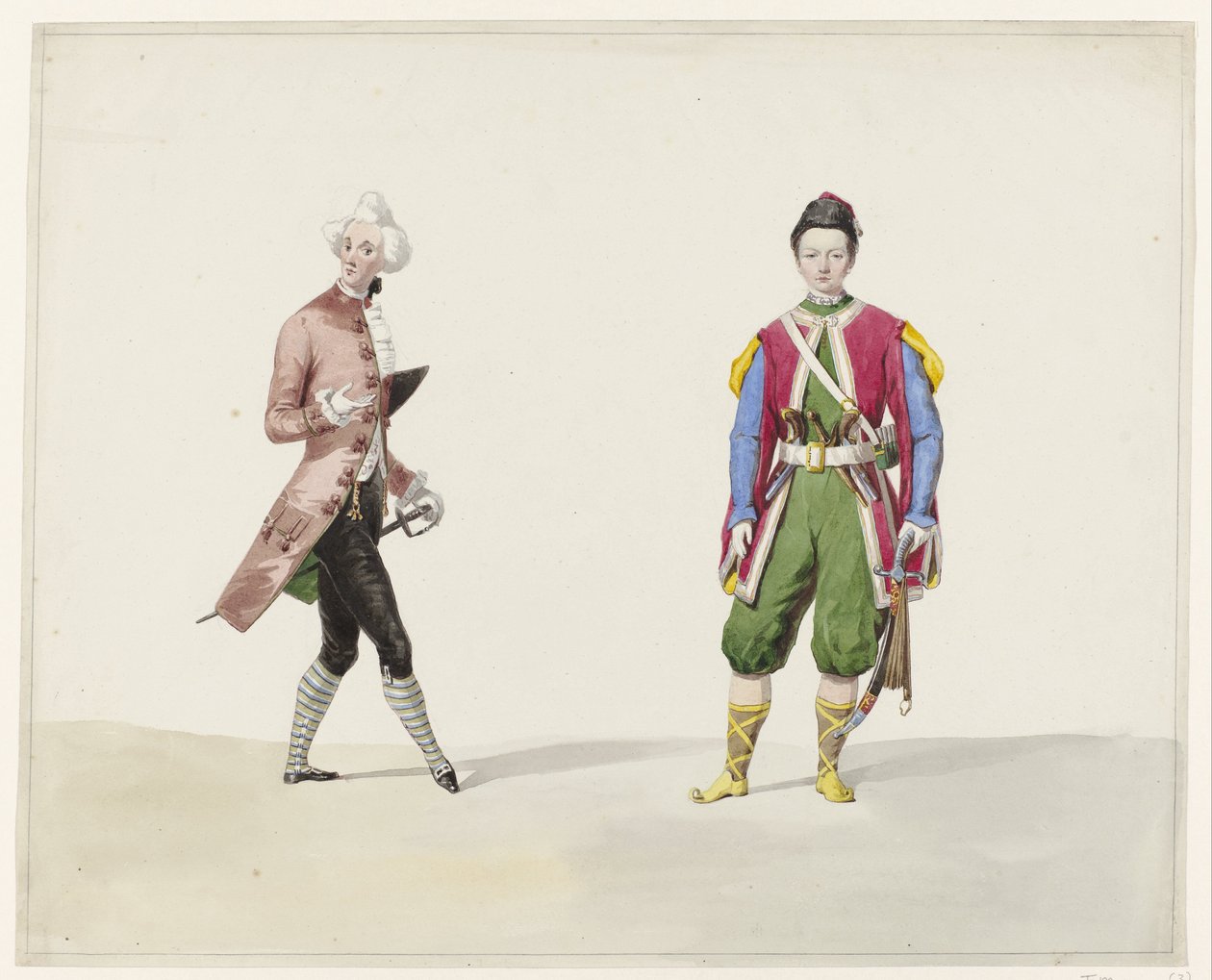Dwóch mężczyzn w strojach historycznych, 1841 Sześć akwarel kostiumów historycznych na bal kostiumowy w 1841 roku (tytuł serii) autorstwa Huib van Hove Bz