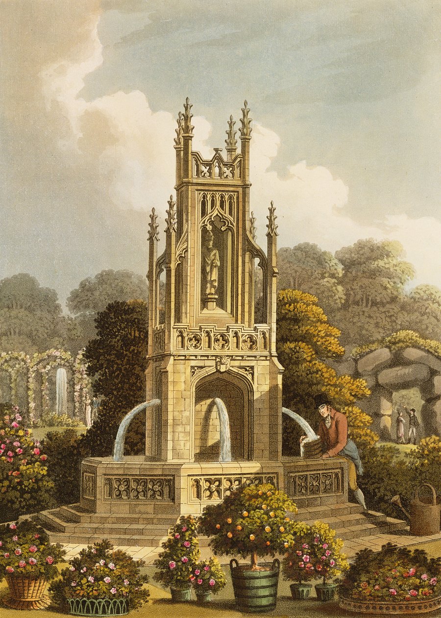 Projekt przewodu, zaproponowany w Ashridge, z odległym widokiem na różaniec i ogród mnicha, z „Fragmenty teorii i praktyki ogrodnictwa krajobrazowego”, wyd. 1816 autorstwa Humphry Repton