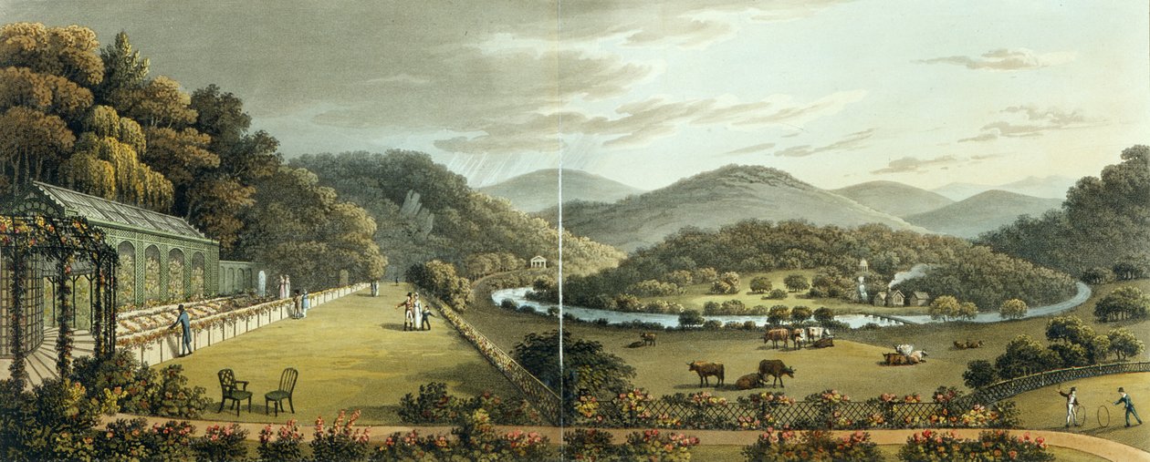 Widok ogólny z południowego i wschodniego frontu domku w Endsleigh, Devon, (po) z „Fragmenty na temat teorii i praktyki ogrodnictwa krajobrazowego”, wyd. 1816 autorstwa Humphry Repton