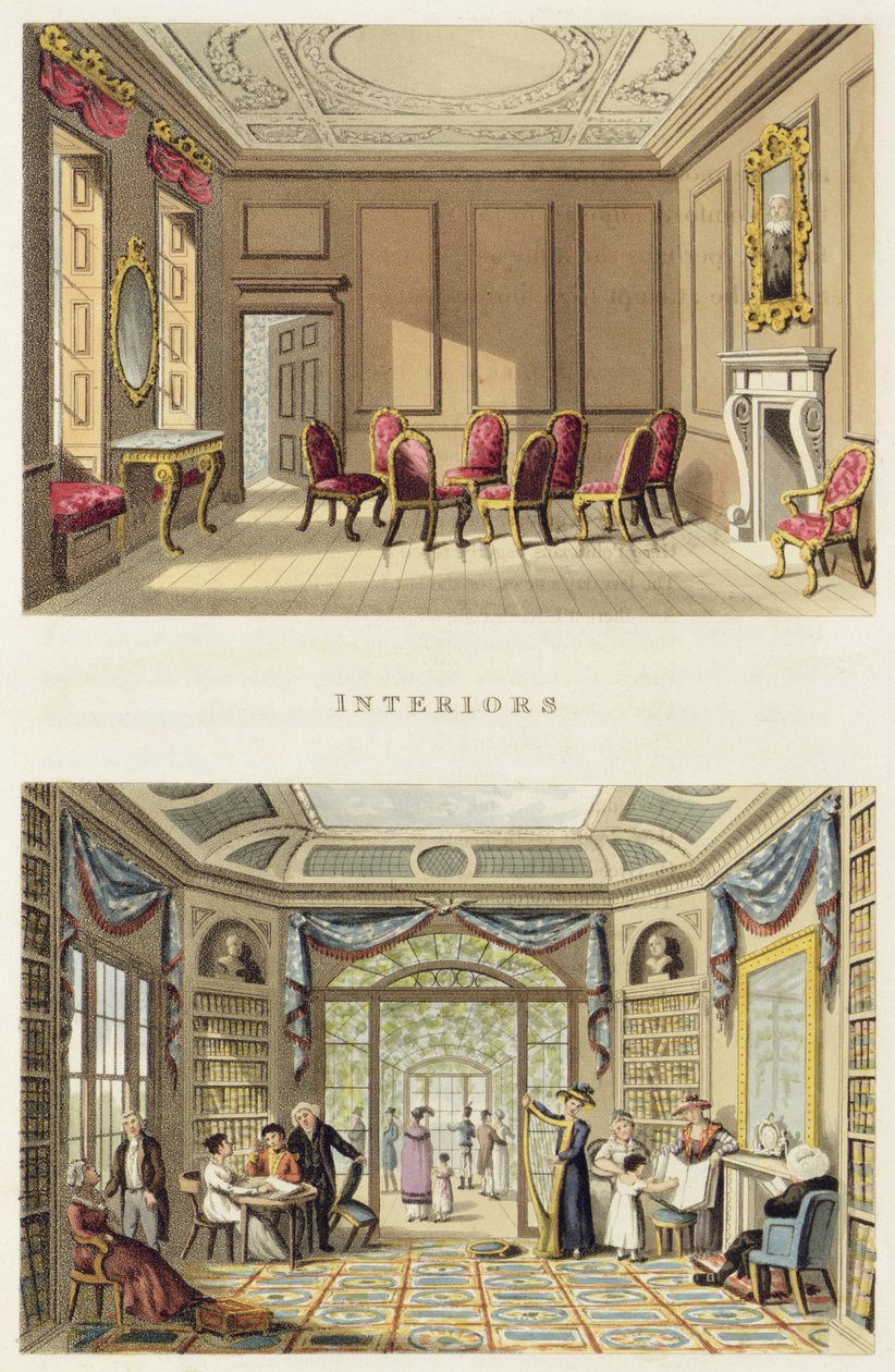 Wnętrza: Stary Salon Cedrowy i Nowoczesny Salon, z „Fragmentów z teorii i praktyki ogrodnictwa krajobrazowego”, wyd. 1816 autorstwa Humphry Repton