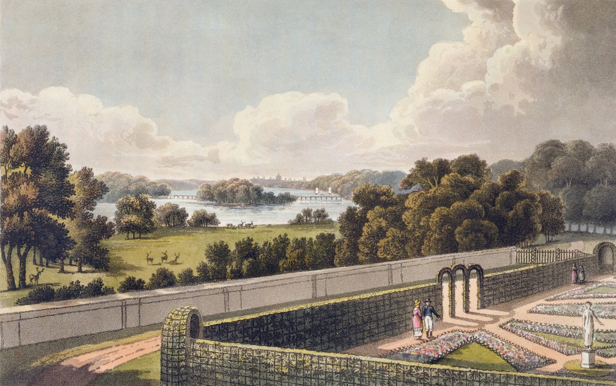 Widok z portyku willi pod Londynem, w proponowanym kształcie, z "Fragmentów o teorii i praktyce ogrodnictwa krajobrazowego", 1816 (akwatinta) autorstwa Humphry Repton