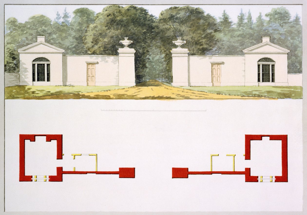 Rzuty elewacji i przyziemia proponowanej nowej bramy wejściowej i loży, z Czerwonej Księgi dla Domu Antoniego, ok. 1812 (wc na papierze) autorstwa Humphry Repton