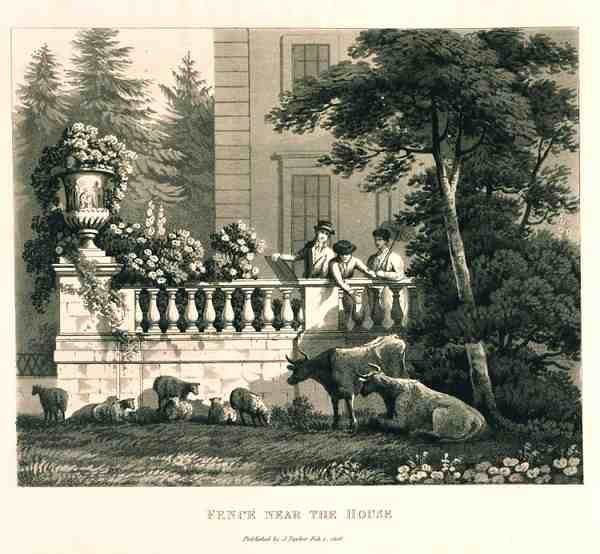 Ogrodzenie przy domu, z „Fragmenty z teorii i praktyki ogrodnictwa krajobrazowego”, wyd. 1816 (lito) autorstwa Humphry Repton