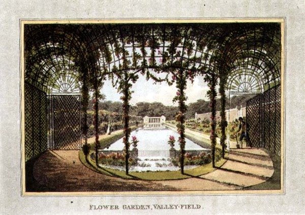 Flower Garden, Valley-Field, z „Fragmentów z teorii i praktyki ogrodnictwa krajobrazowego”, wyd. 1816 (kolor lito) autorstwa Humphry Repton