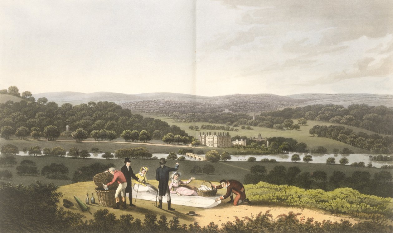 Ogólny widok Longleat z Prospect Hill, z "Fragments on the Theory and Practice of Landscape Gardening", pub. 1816 autorstwa Humphry Repton
