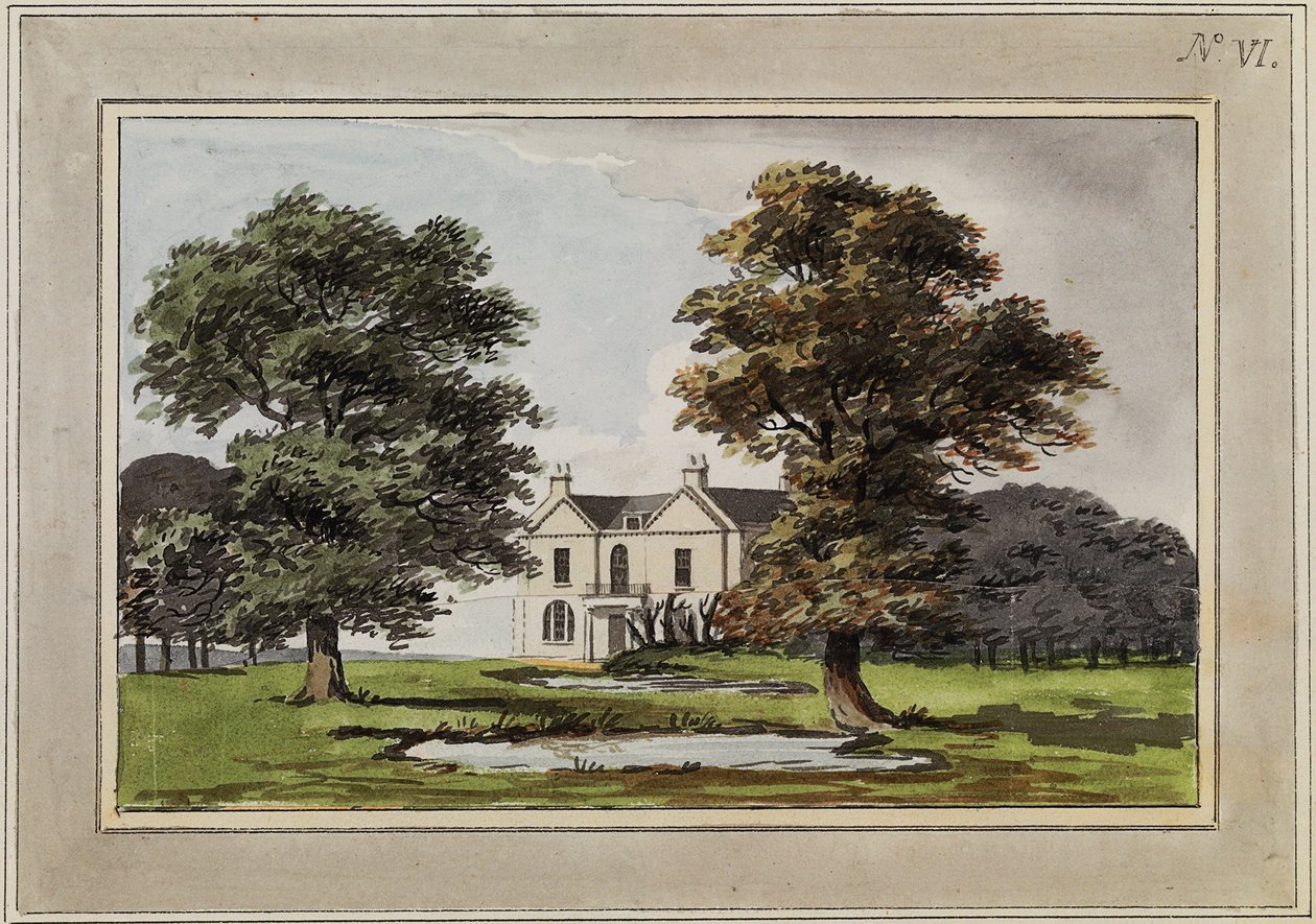 Ilustracja z „Red Books” dla „Mogenhanger w Bedfordshire, siedziba Godfrey Thornton Esq”. autorstwa Humphry Repton