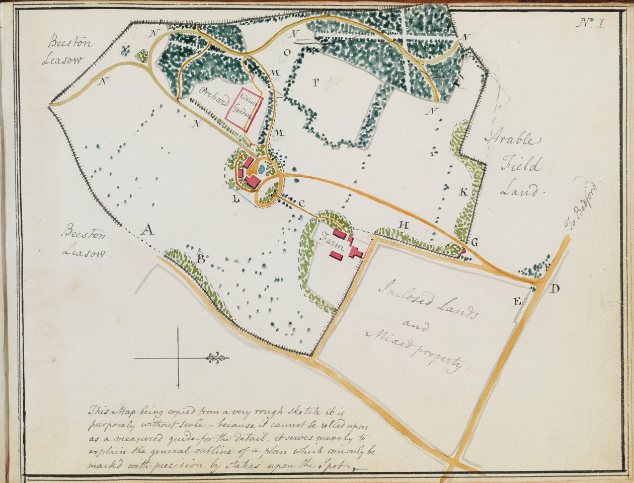 Mapa z „Czerwonych ksiąg”, dla „Mogenhanger w Bedfordshire, siedziba Godfrey Thornton Esq.”, 1792 autorstwa Humphry Repton