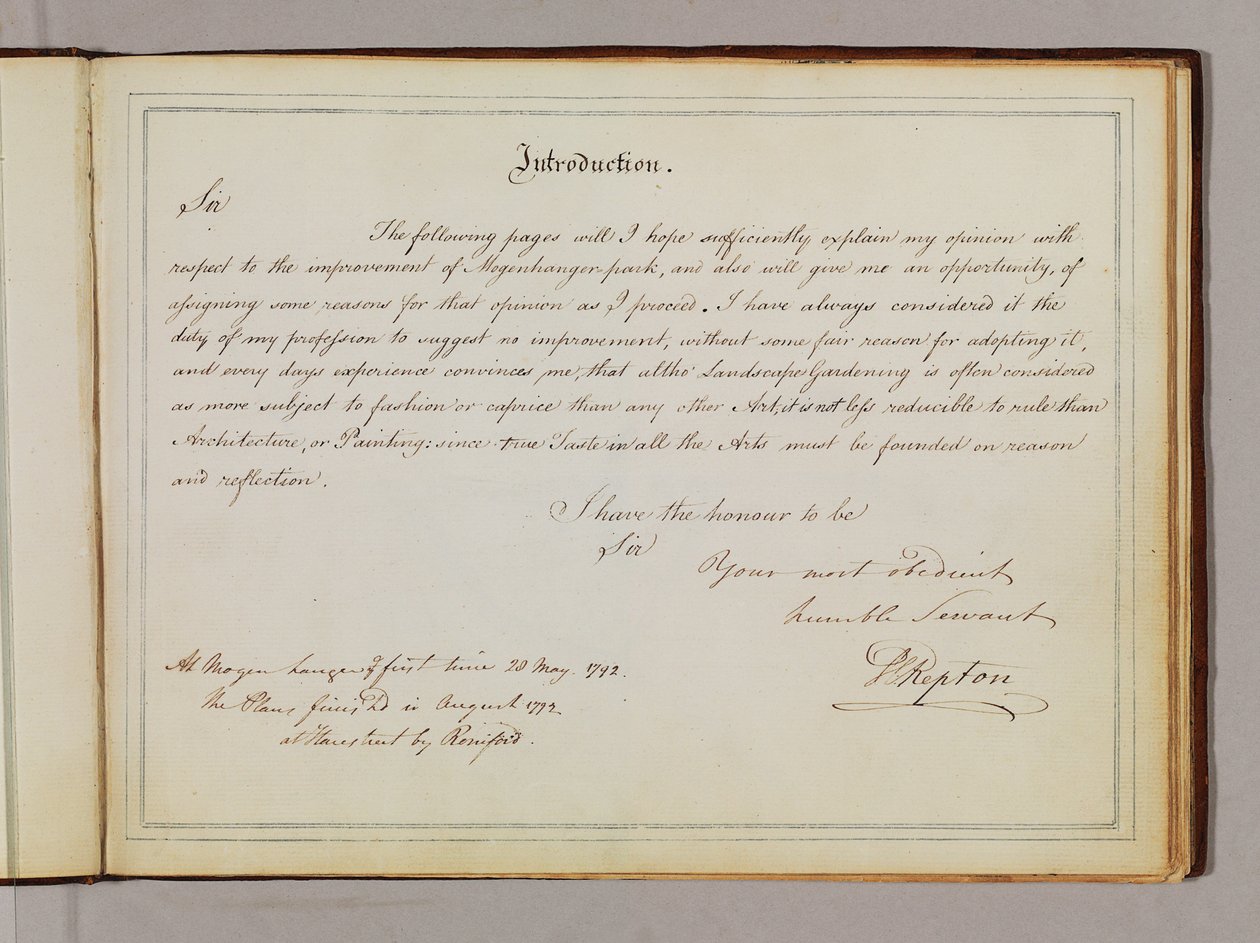 Strona z „Red Books” dla „Mogenhanger w Bedfordshire, siedziba Godfrey Thornton Esq”. autorstwa Humphry Repton