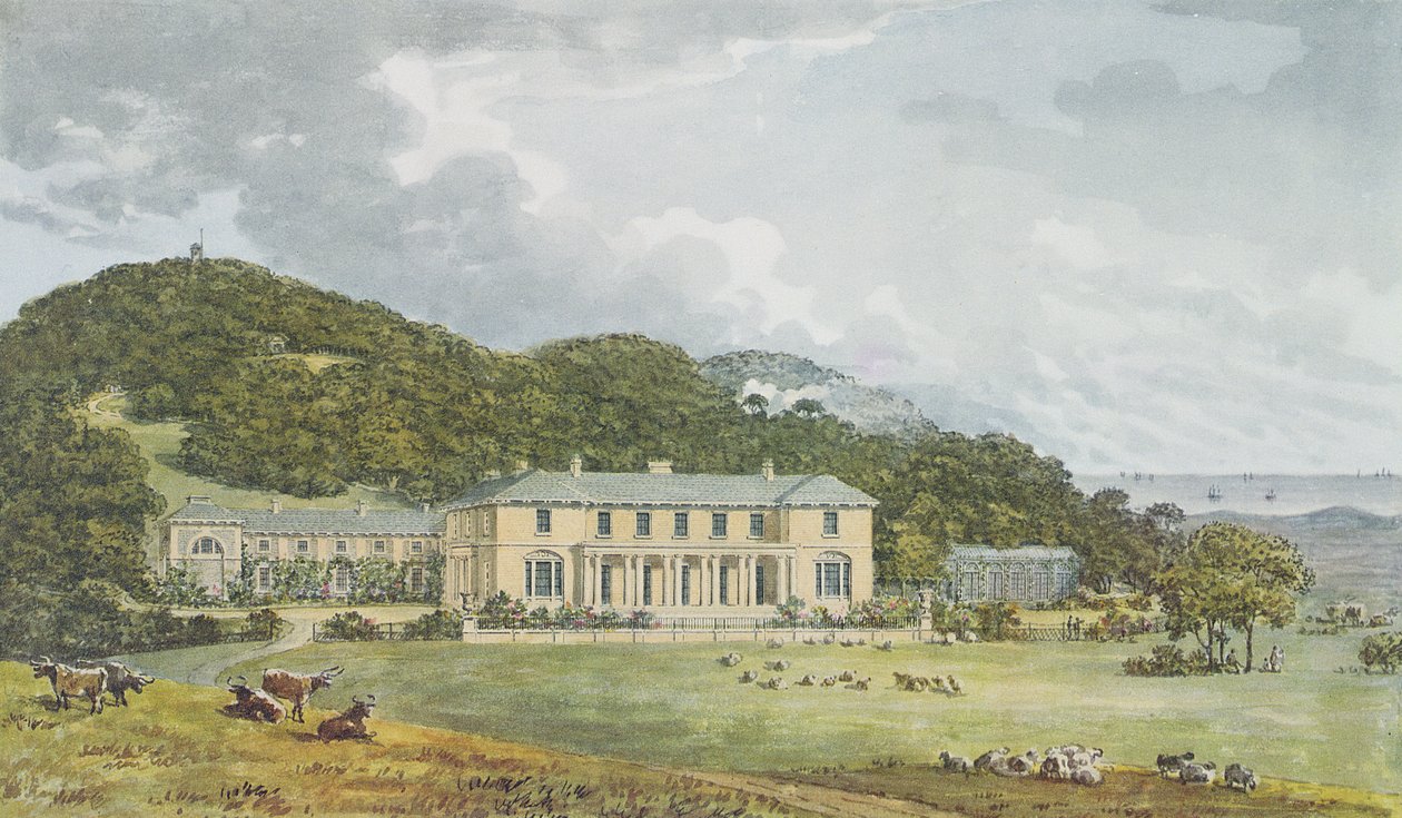 Front południowy z frontem zachodnim w perspektywie, z Czerwonej Księgi dla Domu Antoniego, c.1812 autorstwa Humphry Repton