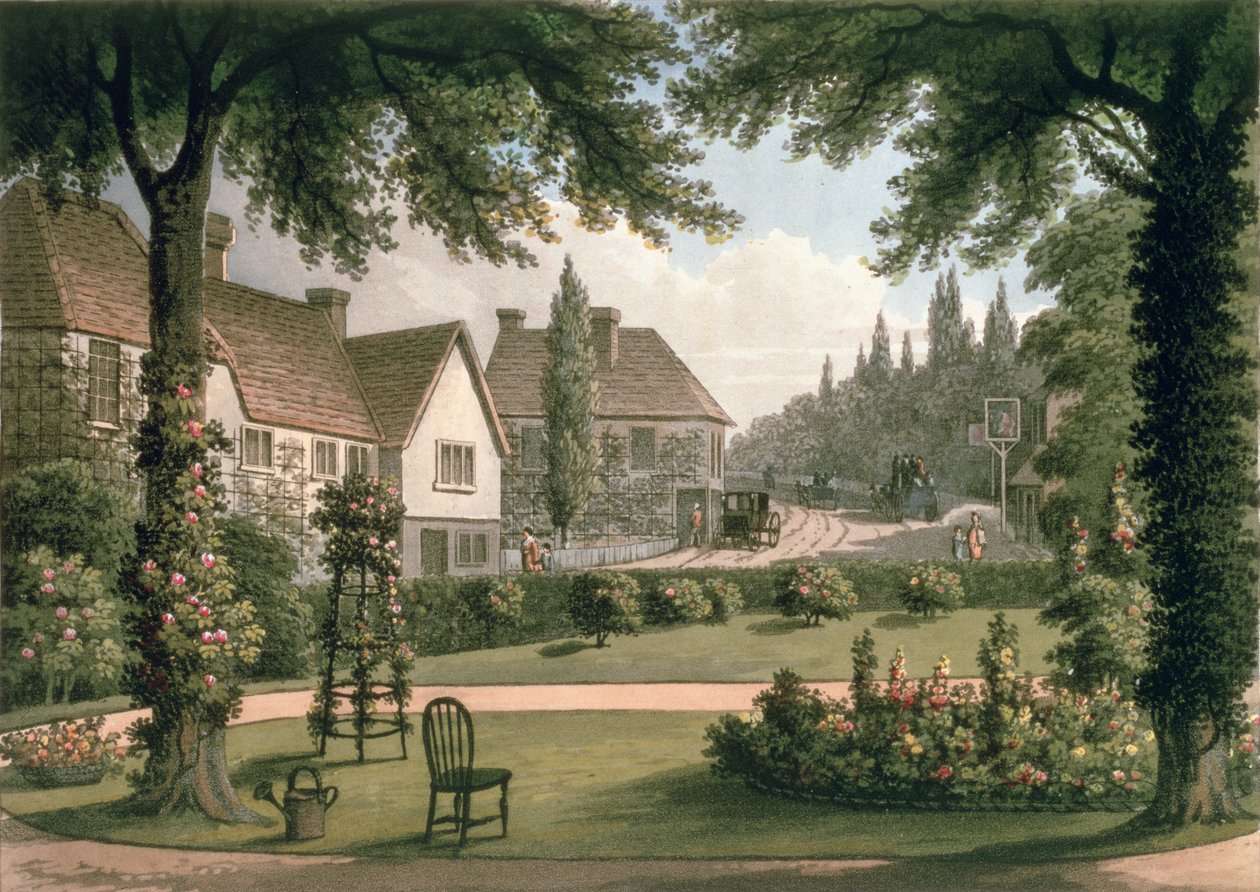 Widok z My Own Cottage w Essex (po) z „Fragmentów z teorii i praktyki ogrodnictwa krajobrazowego”, wyd. 1816 (kolor lito) (patrz także 103915) autorstwa Humphry Repton