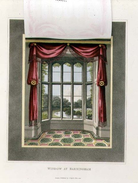 Okno w Barningham (po) z „Fragmenty z teorii i praktyki ogrodnictwa krajobrazowego”, wyd. 1816 (kolor lito) (patrz także 103904) autorstwa Humphry Repton