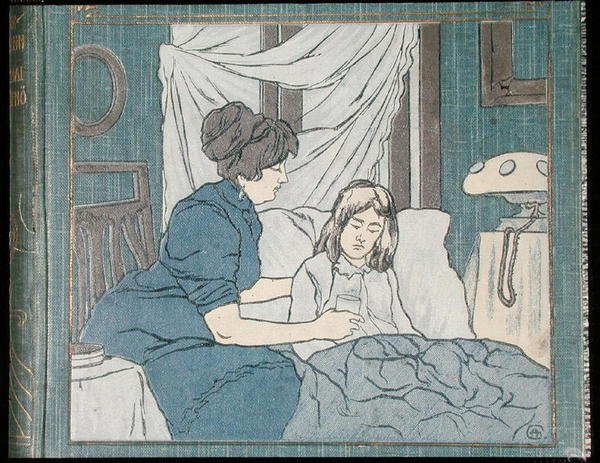 Matka opiekująca się chorą córką, z okładki rodzinnej książki medycznej, ok. 1900 (kolor lito) autorstwa Hungarian School