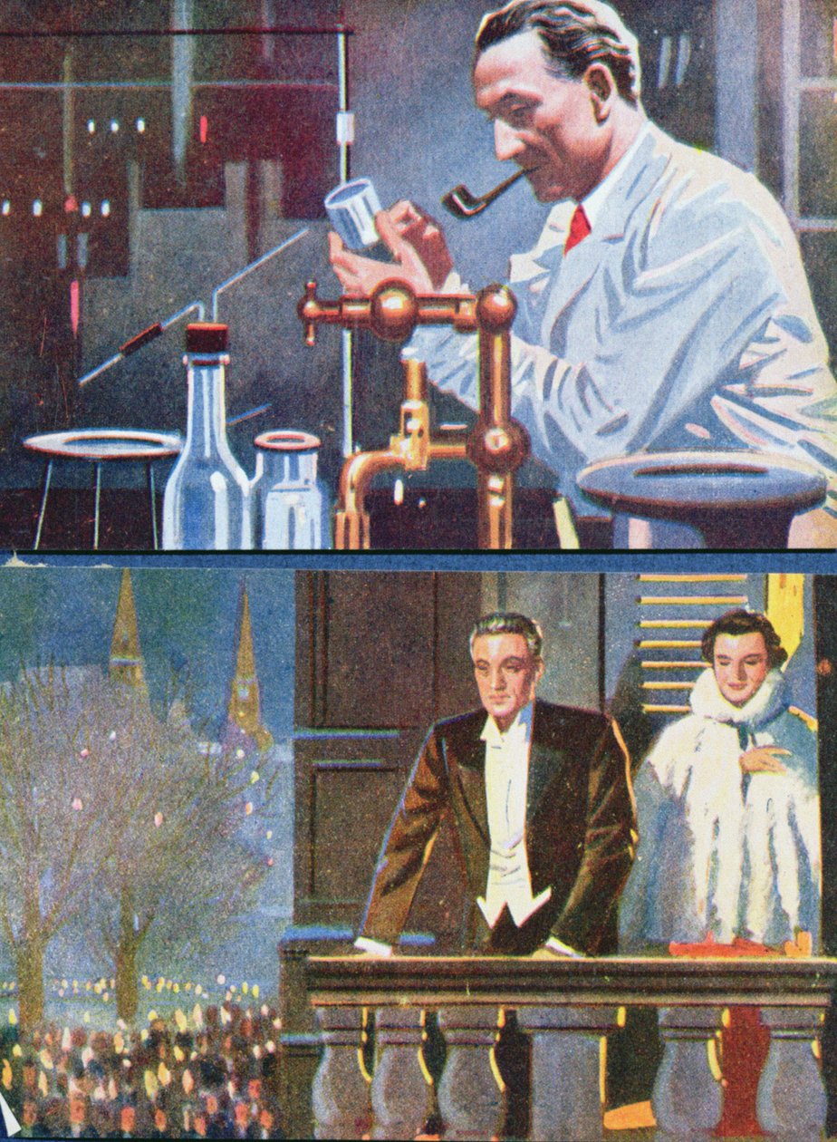Albert von Szent-Gyorgyi (1893-96) w swoim laboratorium i świętuje zdobycie Nagrody Nobla w 1937 roku autorstwa Hungarian School