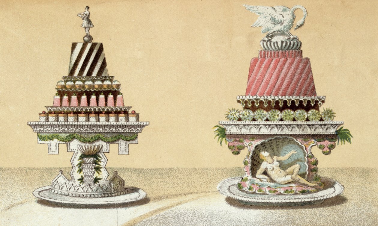 Projekt prezentacji Charlottes a la Reine & Pain de Framboises a la Leda, ilustracja z węgierskiej książki kucharskiej o kuchni francuskiej, ok.1880 autorstwa Hungarian School