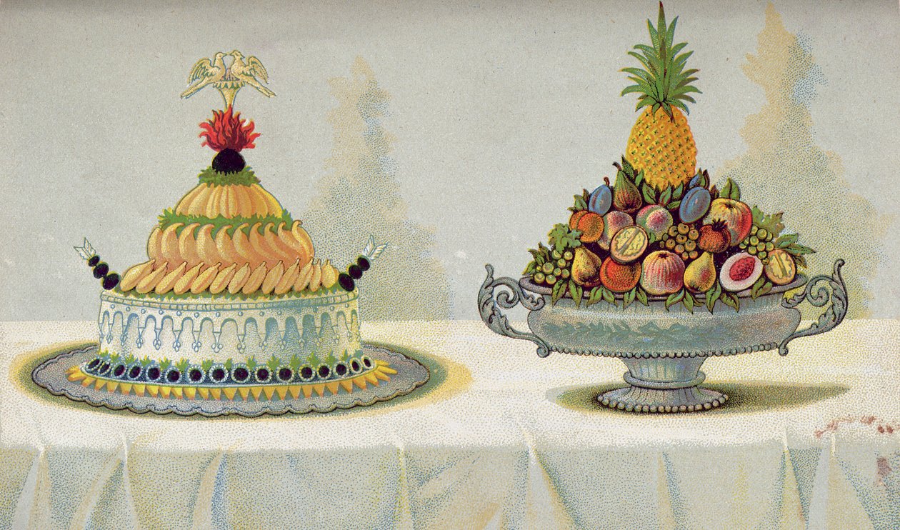 Projekt prezentacji kurczaka z kury z majonezem i galaretką na maśle z lodem i owocami, ilustracja z węgierskiej książki kucharskiej o kuchni francuskiej, ok. 1880 r. autorstwa Hungarian School