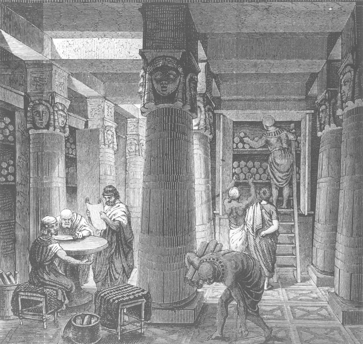 Wyimaginowane odtworzenie Biblioteki Ptolemeusza w Aleksandrii w Egipcie, z Histoire Generale des Peuples, 1880 autorstwa Hungarian School