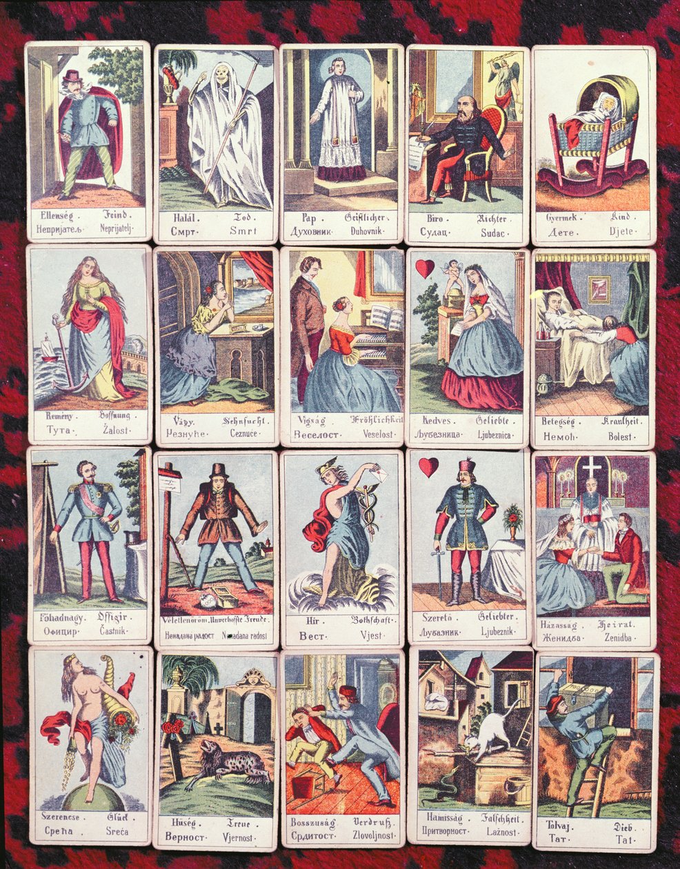 Karty LeNormand w czterech językach (węgierskim, niemieckim, serbskim i chorwackim), koniec XIX wieku autorstwa Hungarian School
