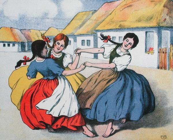 Taniec chłopski. ilustracja z partytury pieśni Arpada Balazsa, ok. 1910 (kolor lito) autorstwa Hungarian School