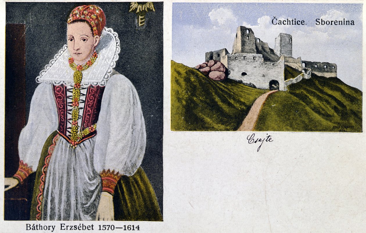Pocztówka przedstawiająca hrabinę Elżbietę Bathory (1560-1614) i zamek Cachtice autorstwa Hungarian School