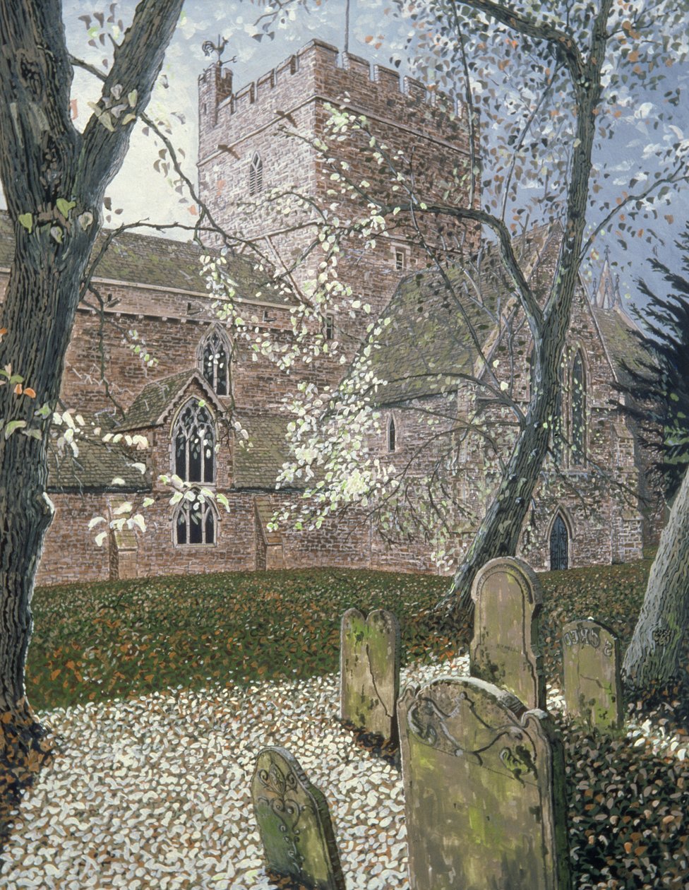 Katedra w Brecon, Dzień Jesieni, 1992 (gwasz na karcie) autorstwa Huw S. Parsons