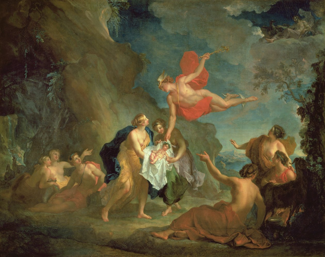 Niemowlę Bachus dostarczone przez Merkurego nimfom na wyspie Naxos autorstwa Hyacinthe Collin de Vermont