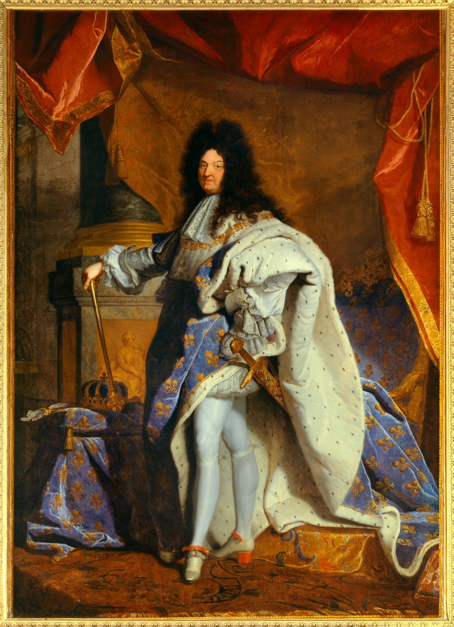 Pełnowymiarowy portret Ludwika XIV (1638-1715) lat 63 w wielkim królewskim stroju Obraz z warsztatu Hyacinthe Rigaud (1659-1743) autorstwa Hyacinthe (studio of) Rigaud
