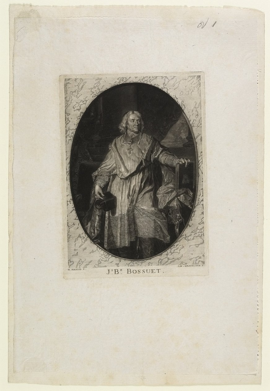 J.B. Bossuet (pieszo), grawerowane przez Jean-Baptiste de Grateloup, 1771 (mezzotinta, akwatinta i sucha igła na chine collé) autorstwa Hyacinthe Francois Rigaud