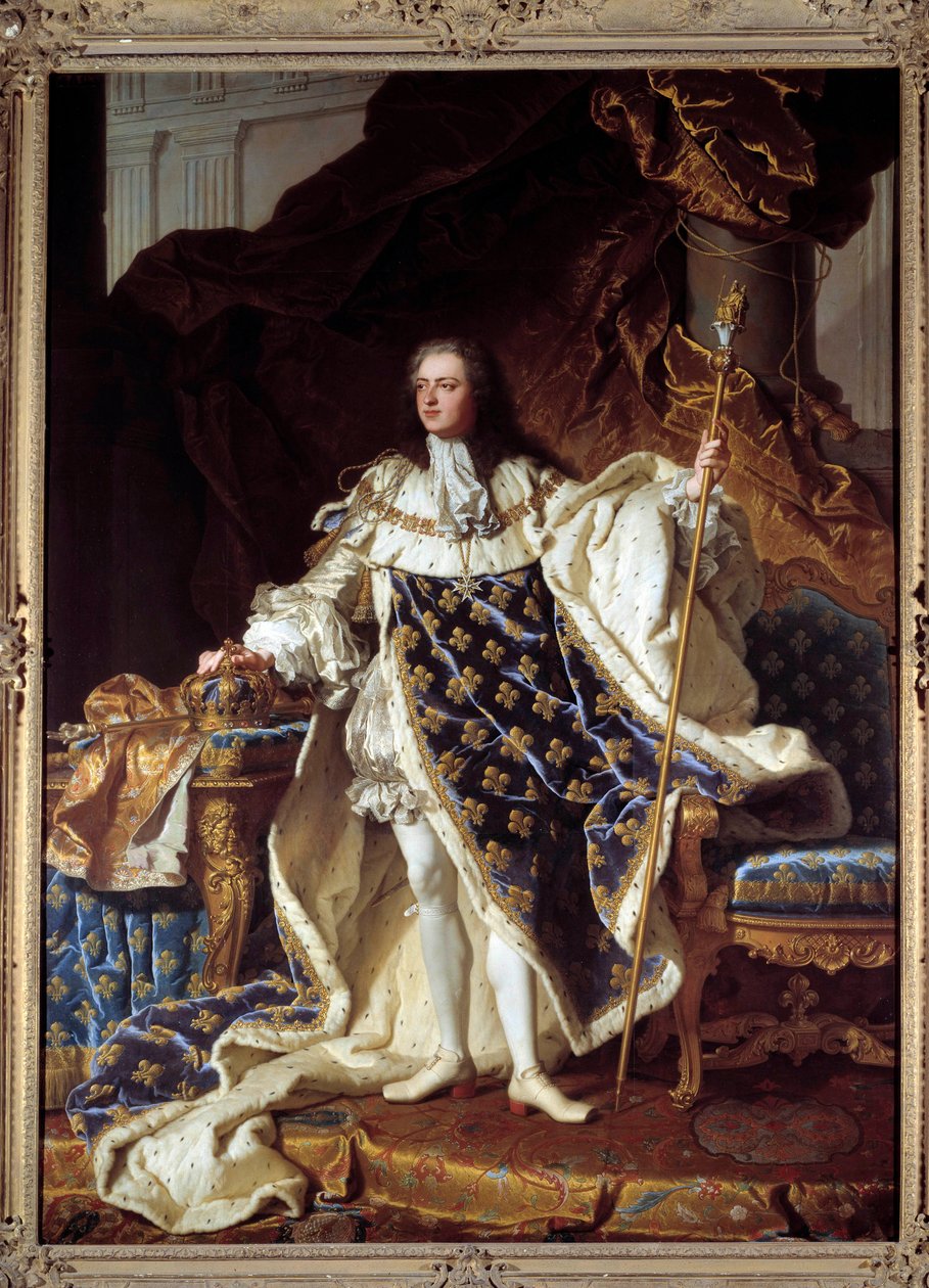 Pełnowymiarowy portret Ludwika XV w stroju Corre (1710-1774) Obraz Hyacinthe Rigaud (1659-1743). 1730. Rozmiar 2,71 x 1,94 m. Wersal, musee du Chateau - Pełnowymiarowy portret Ludwika XV w szatach koronacyjnych (1710-1774). Obraz Hyacinthe Rigaud ( autorstwa Hyacinthe Francois Rigaud