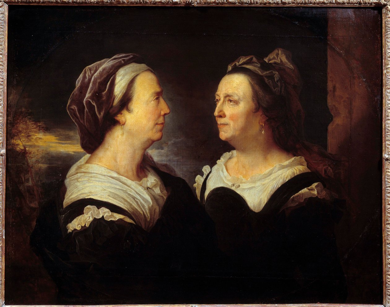 Portret matki pani Rigaud w dwóch różnych postawach. Podwójny portret kobiety z profilu (lewy i prawy). Obraz Hyacinthe Rigaud (1659-1743) 1695 nd. 0,83x1,03m² autorstwa Hyacinthe Francois Rigaud