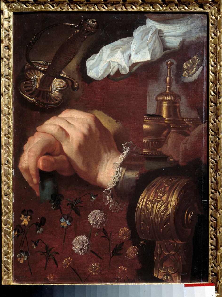 Studium skrzyżowanych rąk, tkanin, kwiatów, dzwonu, szpady Malarstwo Hyacinthe Rigaud (1659-1743) XVIII w. Rouen, Musee des Beaux Arts autorstwa Hyacinthe Francois Rigaud