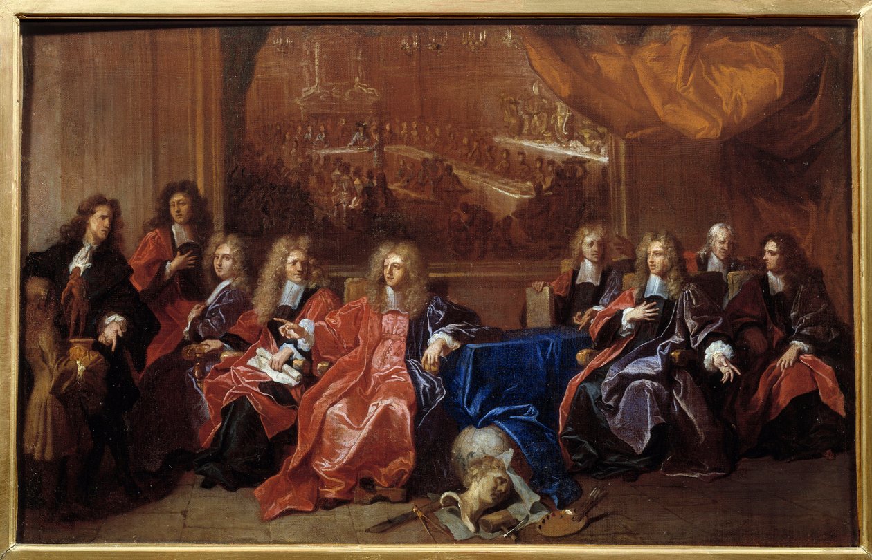 Prevot i echevinowie miasta Paryża obradujący nad upamiętnieniem obiadu ofiarowanego Ludwikowi XIV w Hotelu de Ville po jego wojnie w 1687 roku. Obraz Hyacinthe Rigaud (1659-1743) autorstwa Hyacinthe Francois Rigaud