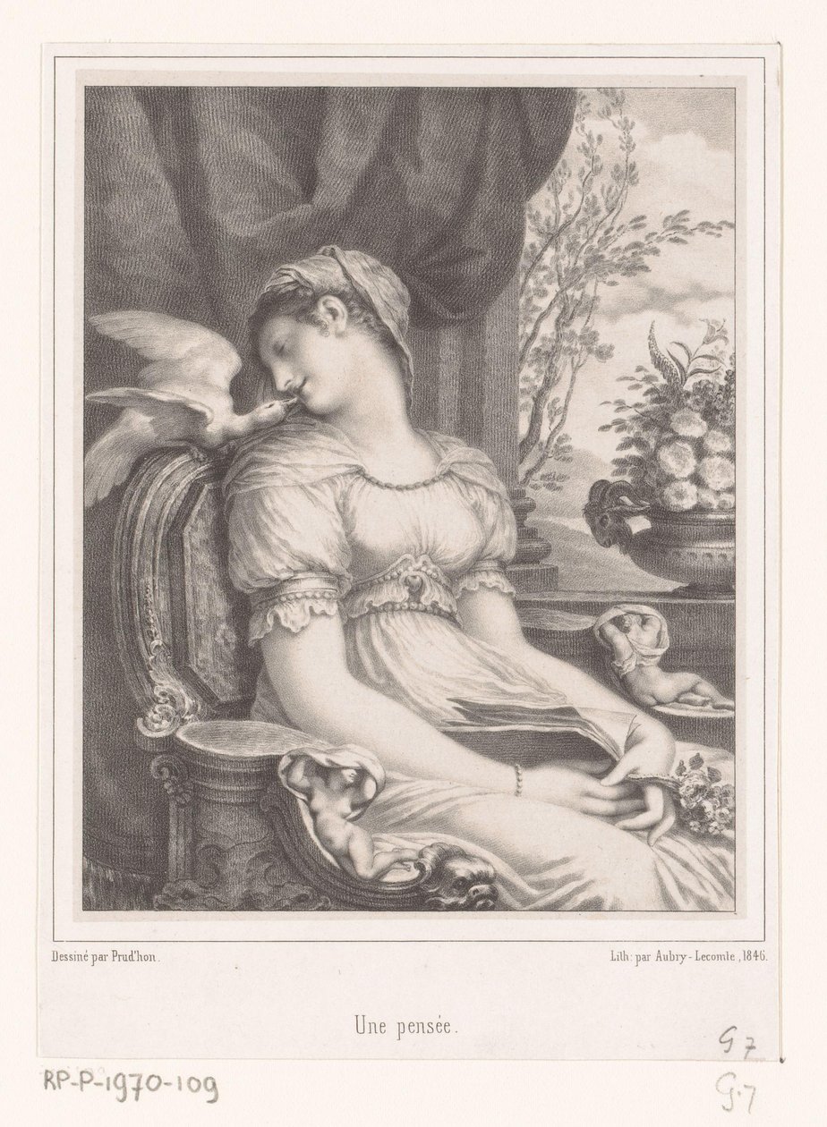 Siedząca kobieta z książką i białym ptakiem Une pensée (tytuł na przedmiocie) autorstwa Hyacinthe Louis Victor Jean Baptiste Aubry Lecomte