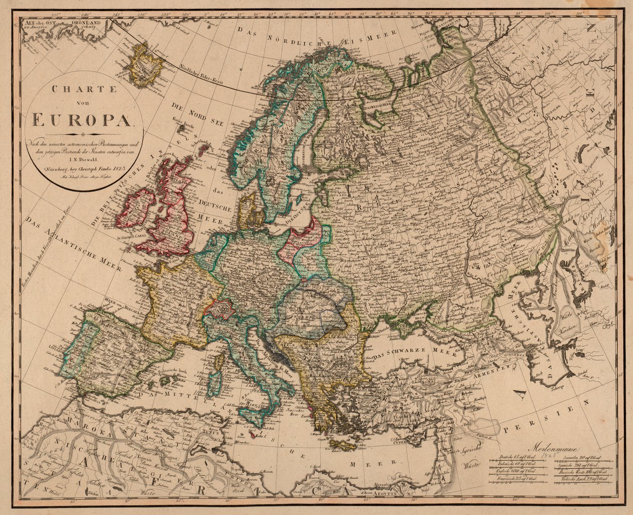 Mapa została opublikowana w Norymberdze przez Christopha Fembo (1823) i przedstawia Europę autorstwa I. N. Diewald